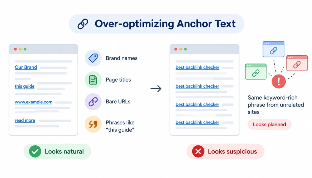 Over-optimizing anchor text infographic showing natural anchor text versus repeated keyword-rich links from unrelated sites.
