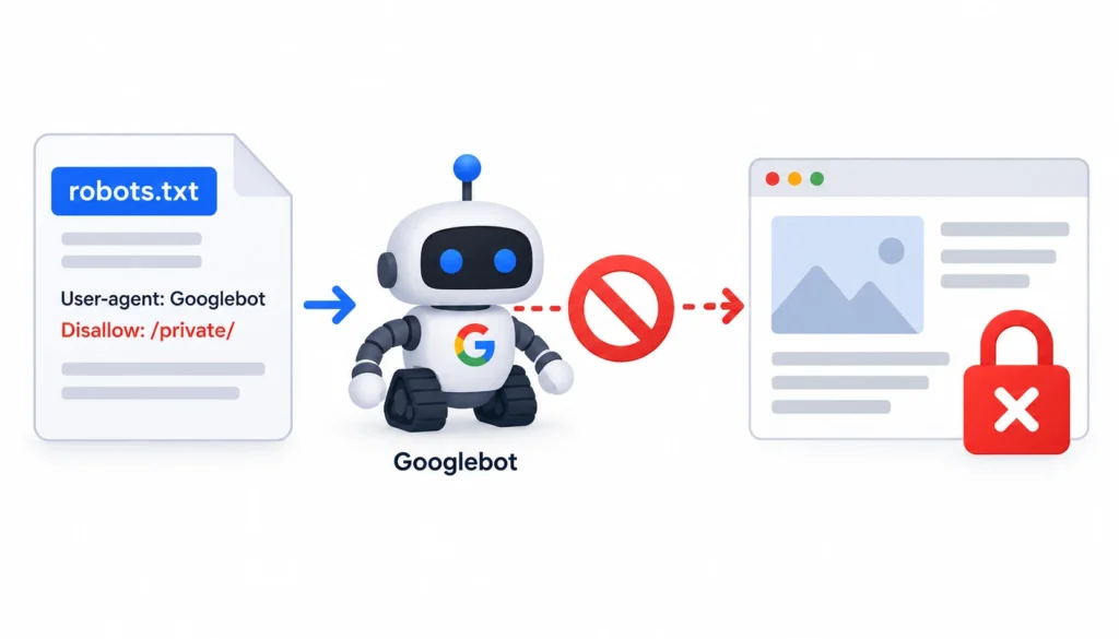 Infographic showing how a robots.txt file blocks Googlebot from crawling restricted website pages.