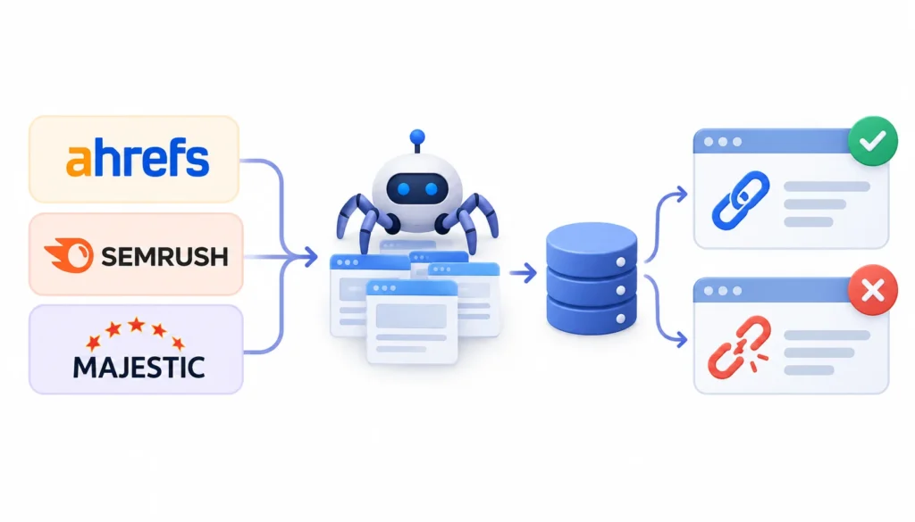 Infographic showing how Ahrefs, Semrush, and Majestic use web crawlers and databases to discover backlinks and monitor active or lost links.