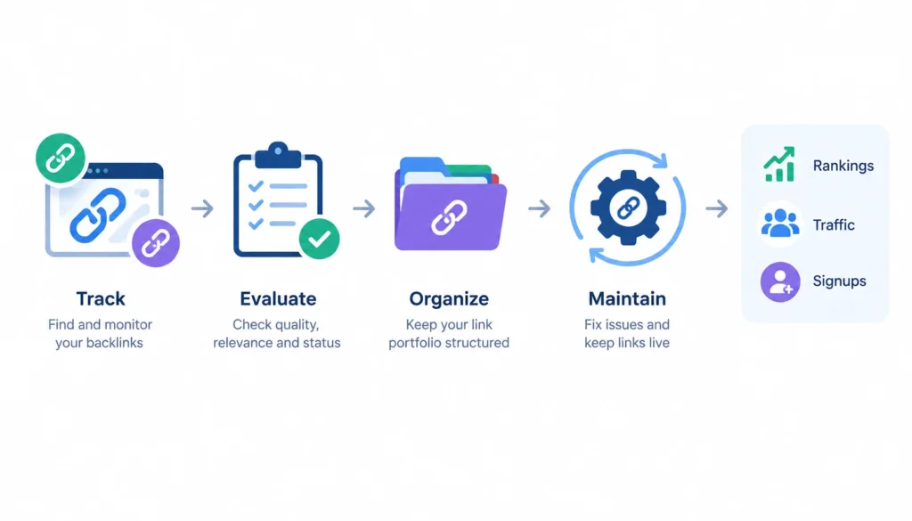 Backlink management for SaaS websites showing tracking, evaluating, organizing, and maintaining backlinks to improve rankings, traffic, and signups.