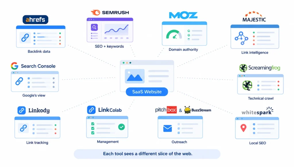 SaaS backlink management tools showing different views of backlink data, SEO, link monitoring, technical audits, outreach, and local SEO.