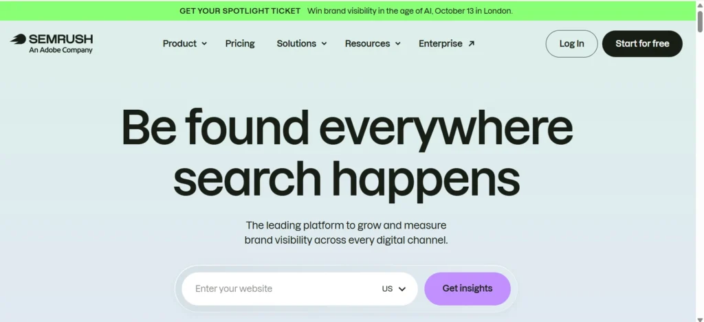 Home page of semrush
