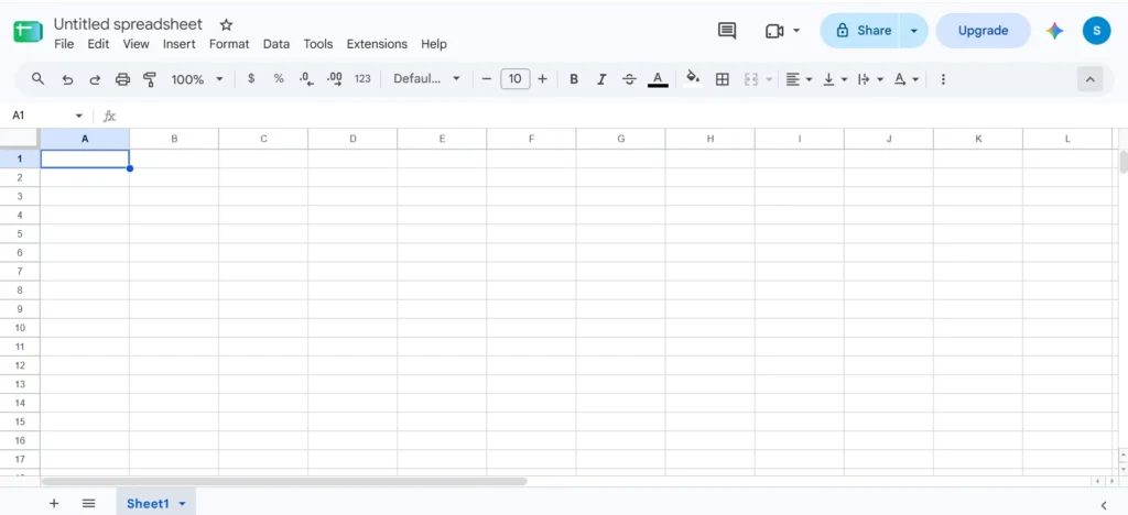 Home page of spreadsheet