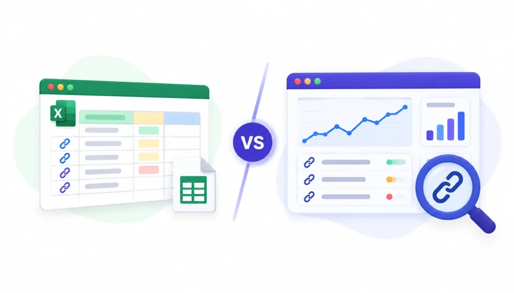 Backlink tracking spreadsheet vs. software comparison showing a spreadsheet and an automated backlink tracking dashboard with link analysis charts.