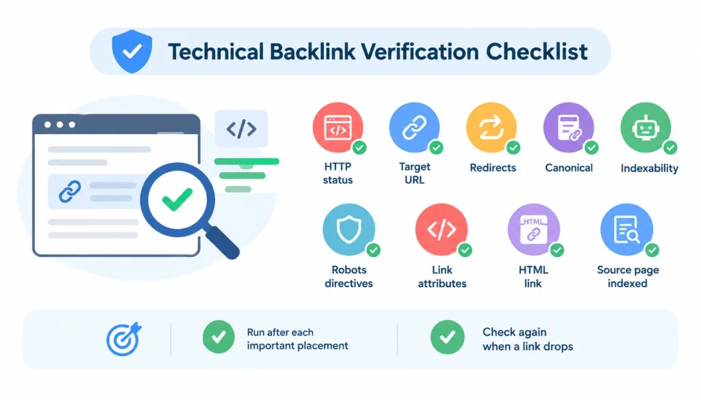 Technical backlink verification checklist showing checks for HTTP status, target URL, redirects, canonical tags, indexability, robots directives, link attributes, HTML links, and source-page indexing.