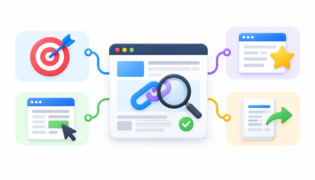 Backlink quality assessment infographic featuring a magnifying glass inspecting a backlink, target relevance, page quality, link placement, and destination fit icons on a white background.