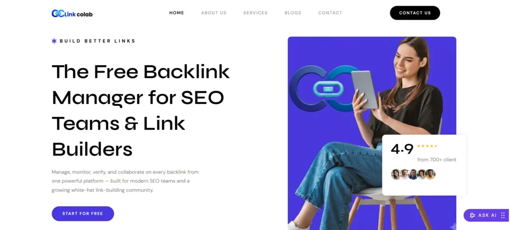 Linkcolab backlink management tool homepage screenshot